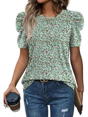 👑 Womens Floral Green 2 Puff Sleeve Summer Crew Neck Casual Dressy T Shirt Tops
